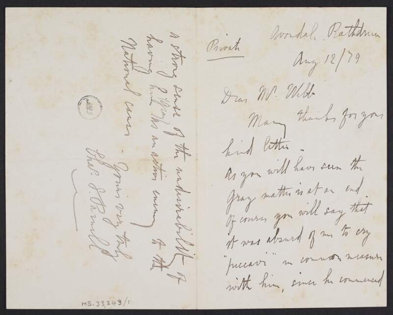 Letter from Charles Stewart Parnell, Avondale, Rathdrum, to Alfred Webb regarding a scandal of division within the Irish Parliamentary Party,