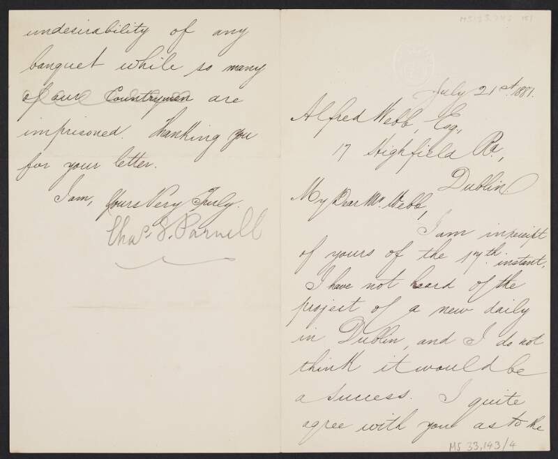 Letter from Charles Stewart Parnell, House of Commons, to Alfred Webb regarding a new daily newspaper in Dublin and the undesirability of holding a banquet,