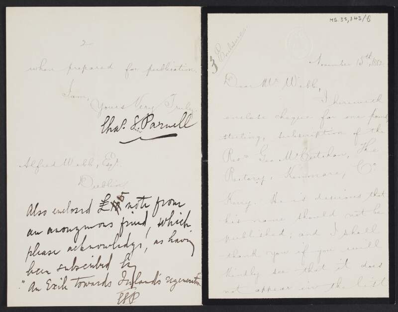 Letter from Charles Stewart Parnell, House of Commons, to Alfred Webb regarding a subscription from Rev. George McCutchan for the Land League,