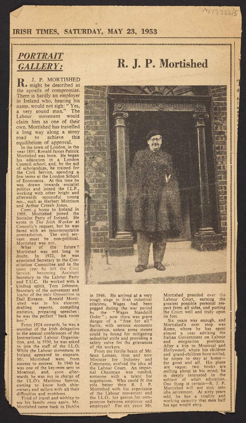 Newspaper cutting from 'Irish Times' with article regarding R. J. P. Morthished,