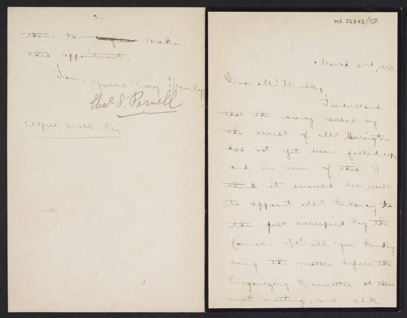 Letter from Charles Stewart Parnell, House of Commons, to Alfred Webb regarding an appointment within the Land League,