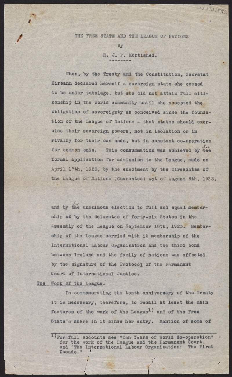 Copy paper by R. J. P. Mortished titled 'The Free State and the League of Nations',