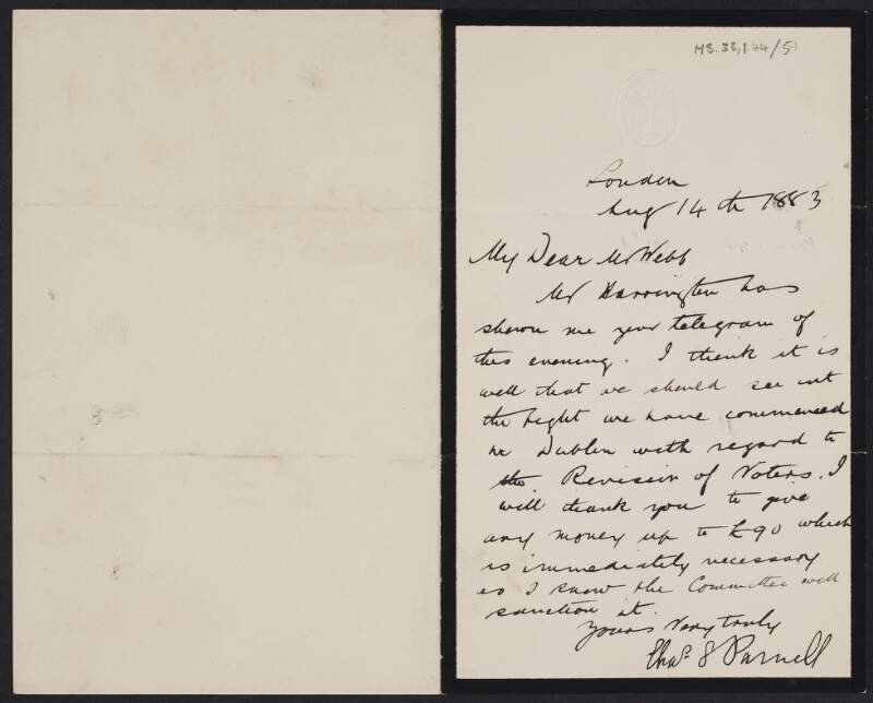 Letter from Charles Stewart Parnell, House of Commons, to Alfred Webb regarding a disagreement with the Reviewer of 'Notes' in Dublin,