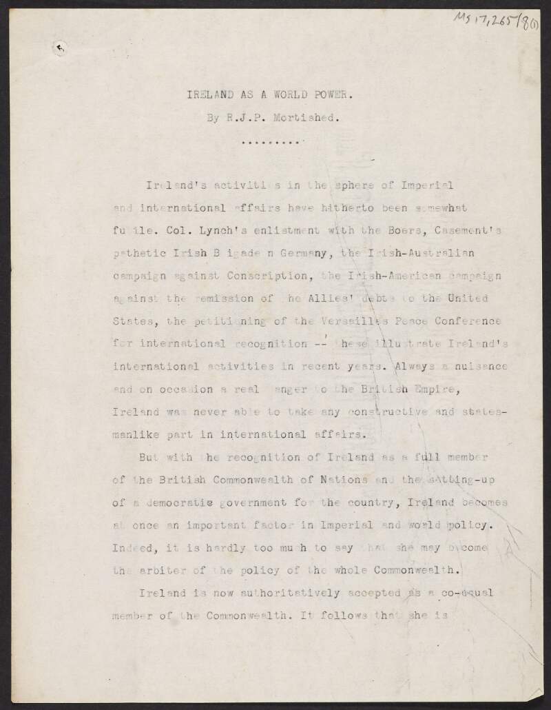 Copy paper by R. J. P. Mortished titled 'Ireland as a World Power',