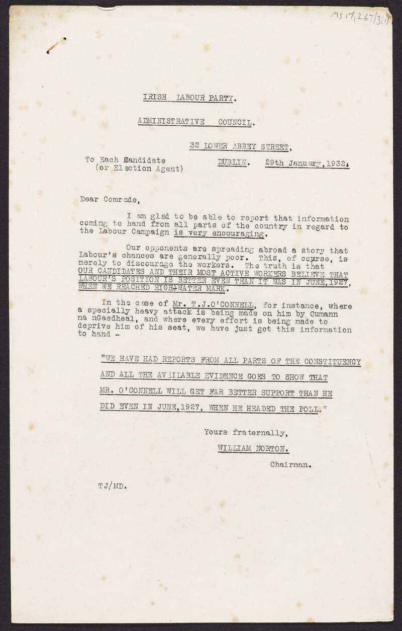 Copy circular memo from William Norton to Labour Candidates regarding the Labour Party's election campaign,