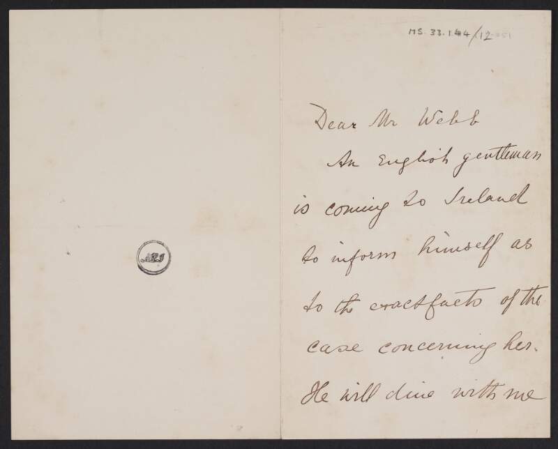 Letter from Anna Parnell, Ladies Irish National Land League, to Alfred Webb regarding entertaining English visitors,