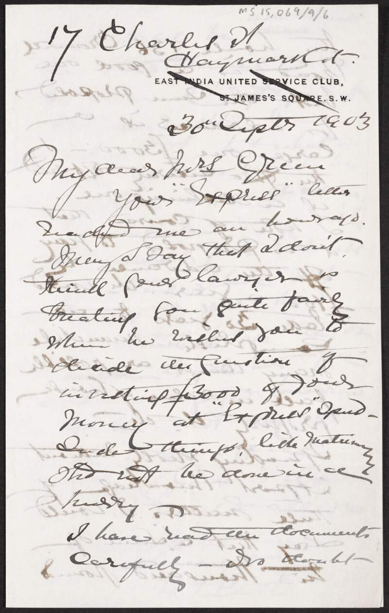 Letter from William Francis Butler to Alice Stopford Green concerning Green's lawyer and the sale of her house,