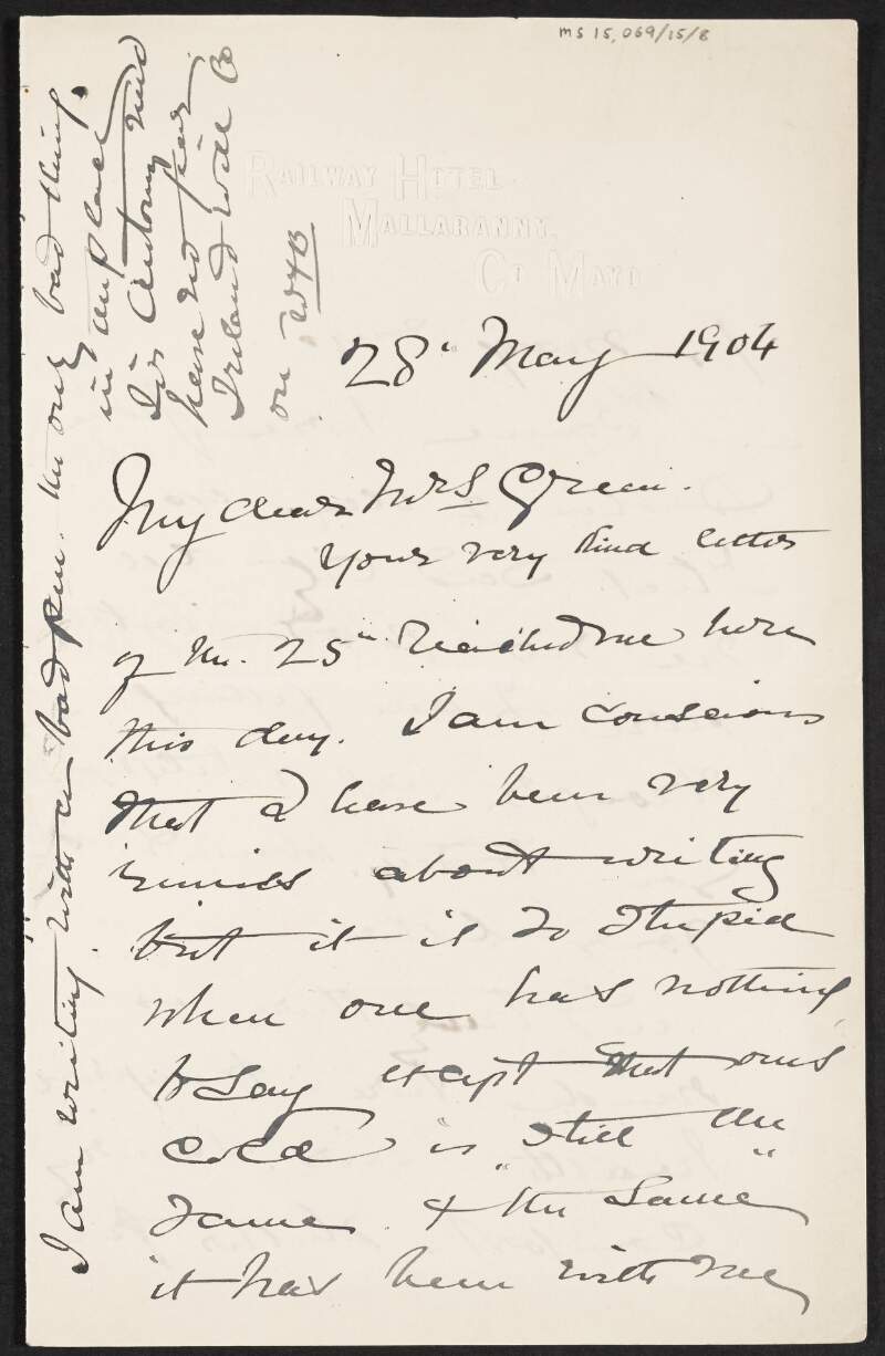 Letter from William Francis Butler to Alice Stopford Green discussing his time in Dublin and Mayo,