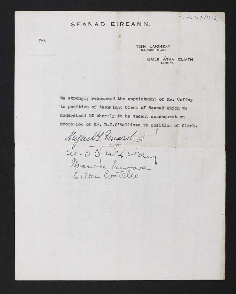 Letter from members of Seanad Éireann to unidentified person recommending Diarmid Coffey for the post of Assistant Clerk,