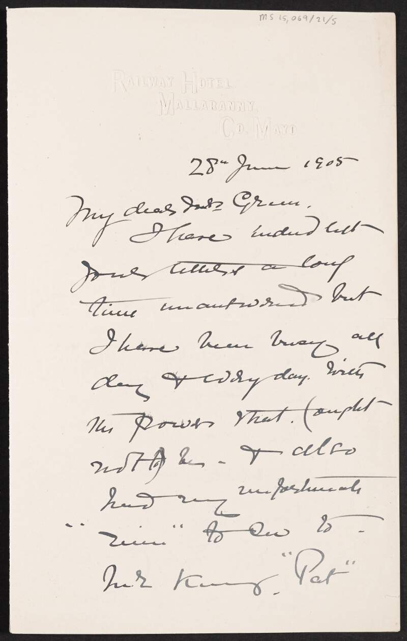 Letter from William Francis Butler to Alice Stopford Green concerning politics,