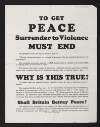 Printed flyer titled 'To Get Peace Surrender to Violence Must End' regarding Hitler's invasion of Czechoslovakia,