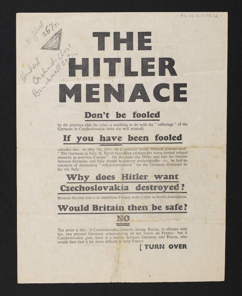 Printed flyer titled 'The Hitler Menace' regarding Hitler's invasion of Czechoslovakia,