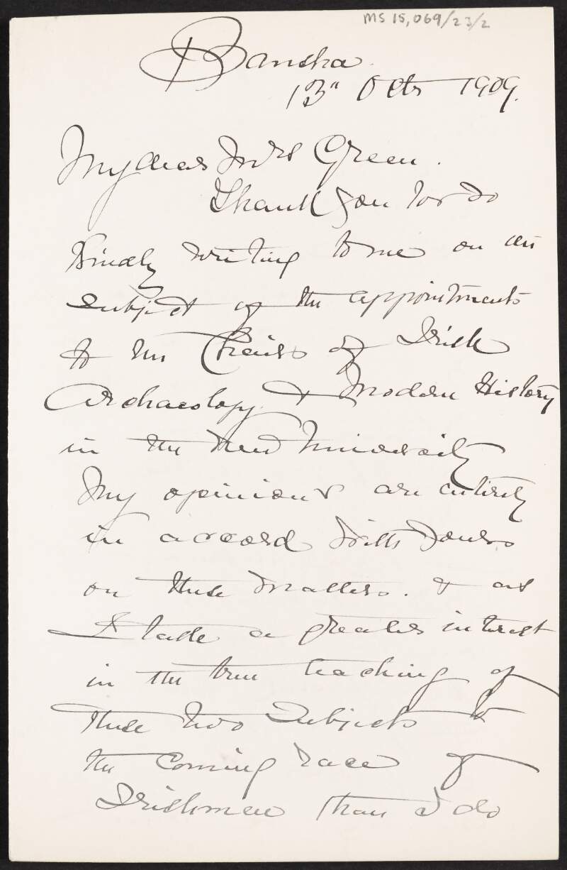 Letter from William Butler Francis to Alice Stopford Green referring to a school of history and the Gaelic League,