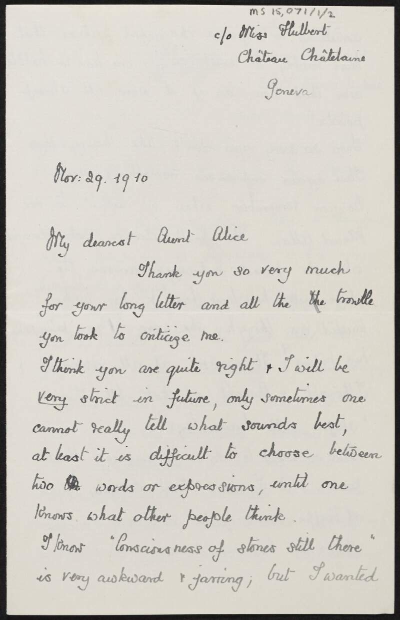 Letter from Nancy Brunton [Anne Stopford Agnes Kruming] to Alice Stopford Green discussing her poetry and thanking her aunt for her criticism,