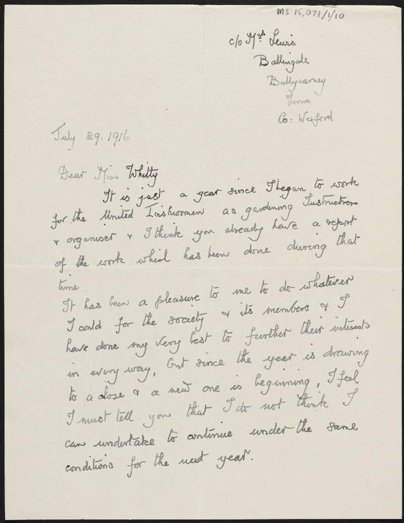 Letter from Nancy Brunton [Anne Stopford Agnes Kruming] to Sophia St John Whitty regarding her work for the United Irishwomen,