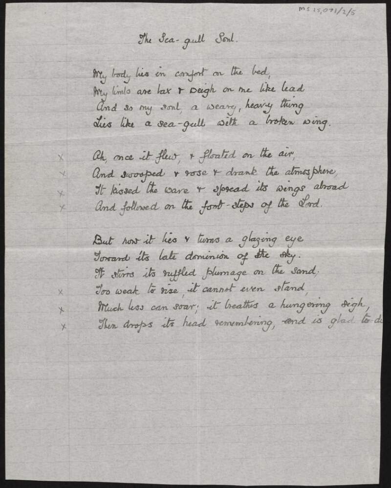 Poem from Nancy Brunton [Anne Stopford Agnes Kruming] to Alice Stopford Green titled "The Sea-gull Soul",