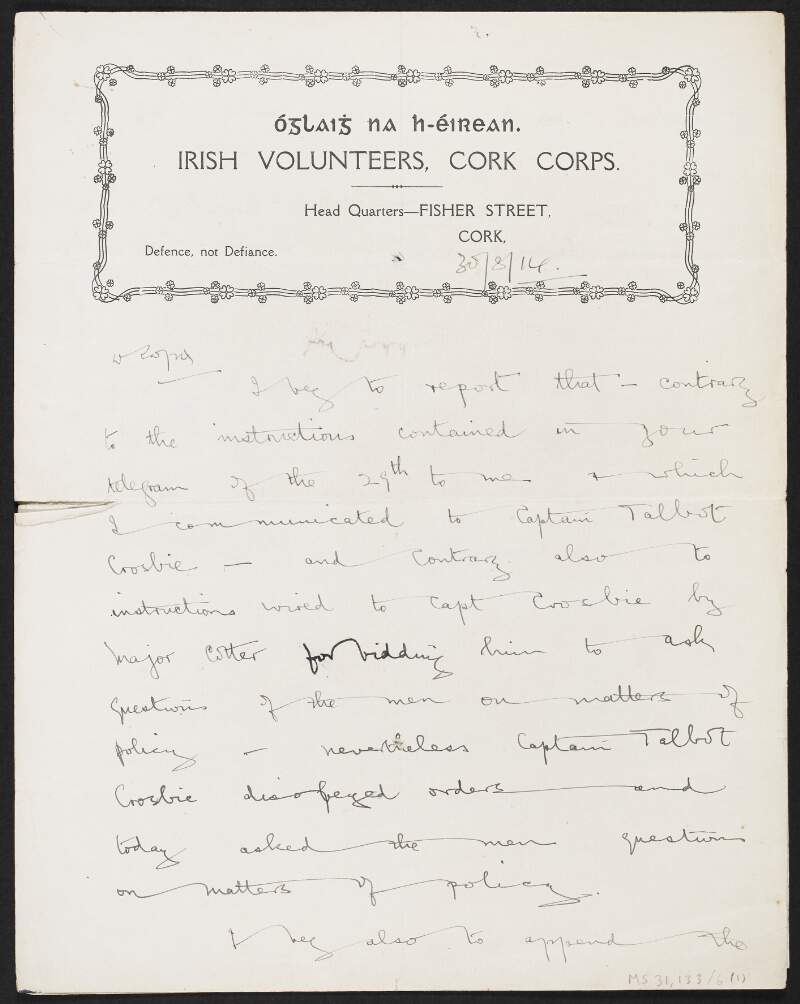 Letter from an unidentified author, Cork Brigade, Irish Volunteers, to an unidentified recipient calling for Captain Maurice Talbot Crosbie lose his command and be suspended,