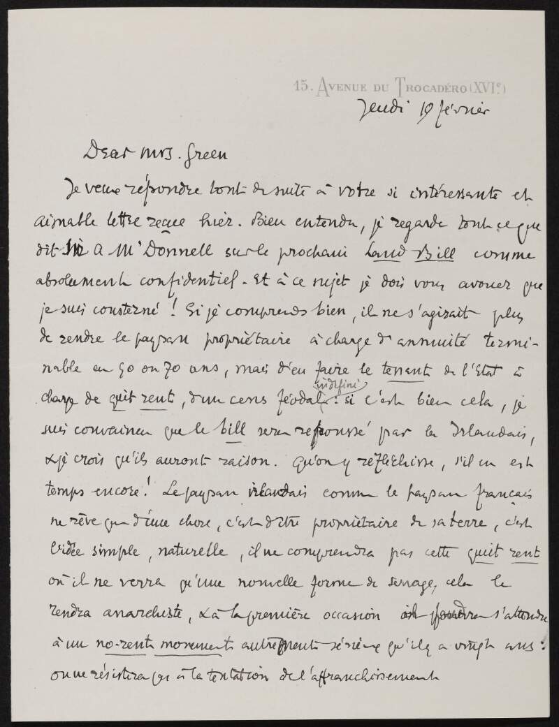 Letter from L. Paul-Dubois to Alice Stopford Green referencing the Land Bill and Sir Antony MacDonnell,