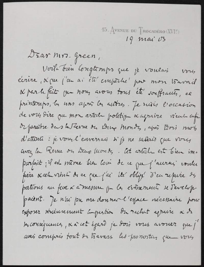 Letter from L. Paul-Dubois to Alice Stopford Green referencing an article and discussing the situation in Ireland,