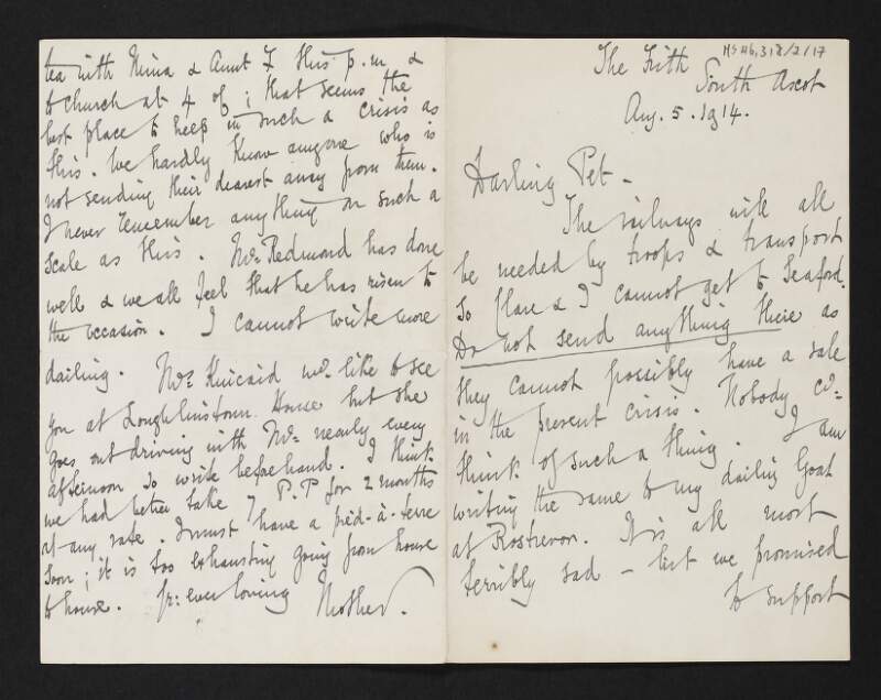 Letter from Isabella Chenevix Trench, Ascot, to Cesca Chenevix Trench regarding the First World War,