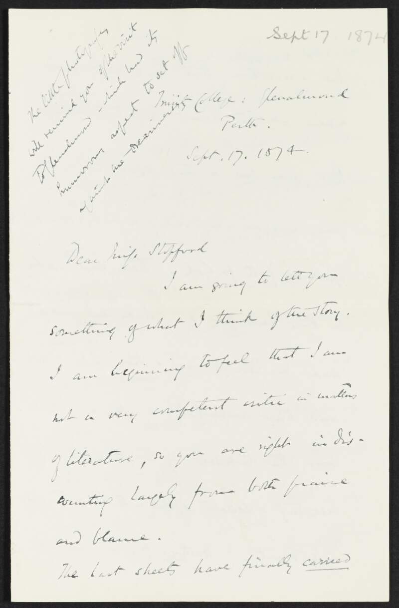 Letter from John Dowden to Alice Stopford Green discussing literature,