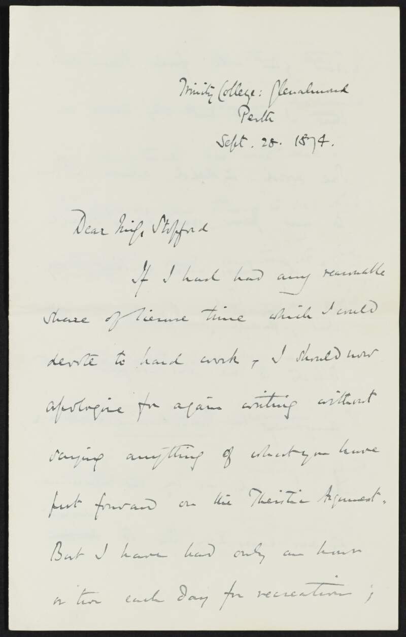 Letter from John Dowden to Alice Stopford Green regarding religion, hoping to visit her and a student,