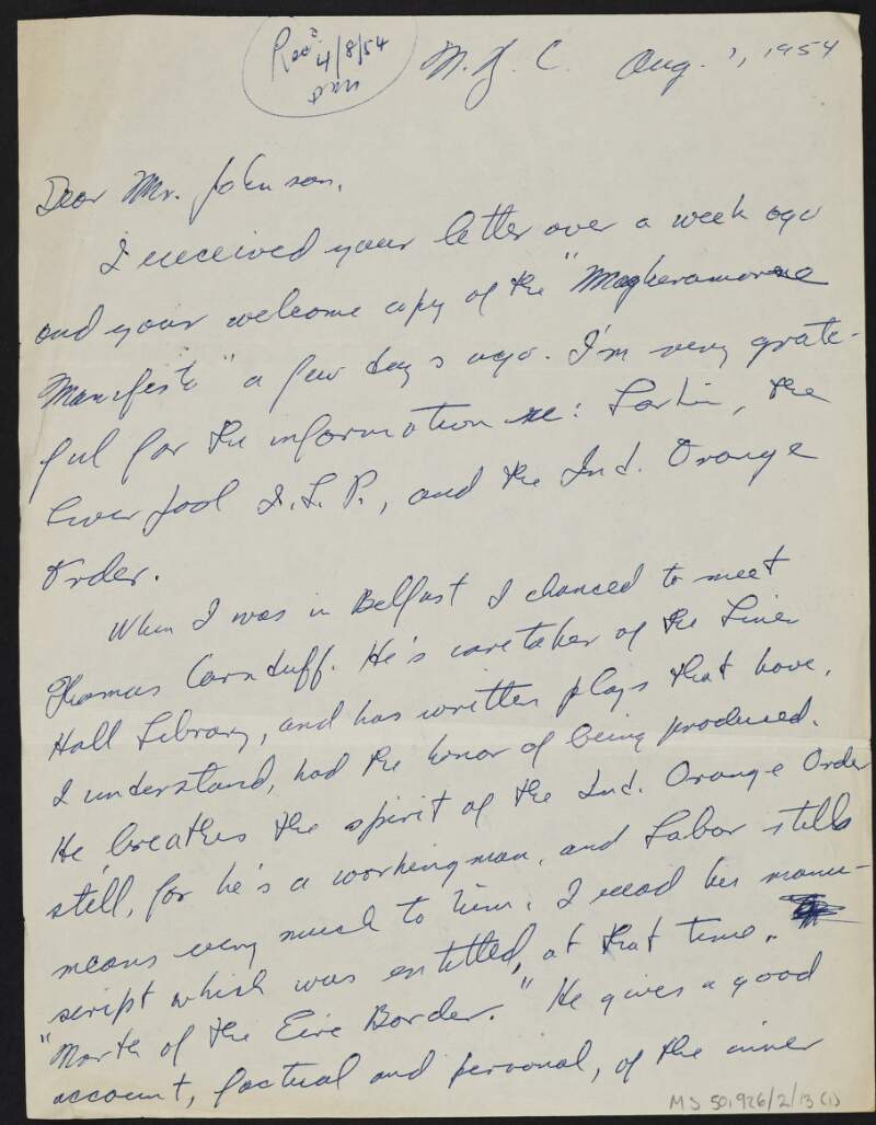 Letter from Emmet Larkin to Thomas Johnson regarding his work on James Larkin and the Irish Labour Movement,