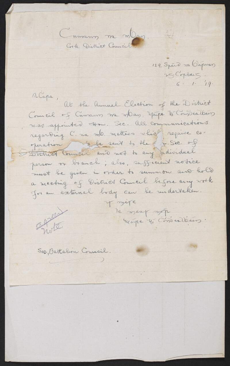 Letter from Máire Ní Chondhealbháin, Cumann na mBan, to the Irish Volunteers regarding her appointment as Honorary Secretary of Cumann na mBan,