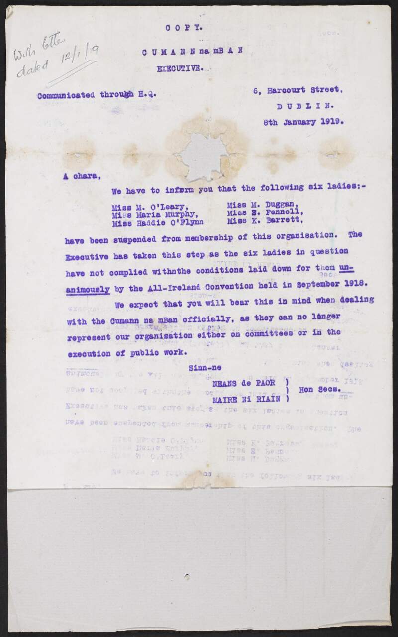 Letter from Cumann na mBan, to the Irish Volunteers regarding the suspension of members from Cumann na mBan,