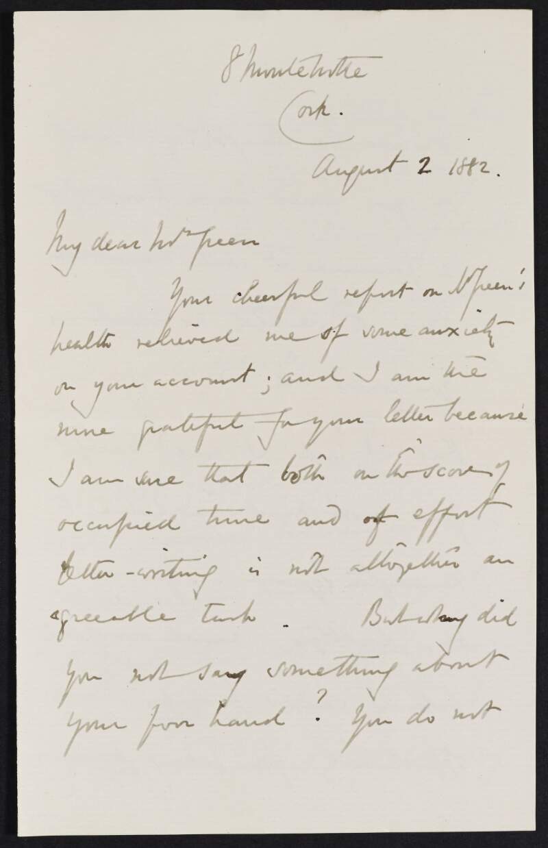 Letter from John Dowden to Alice Stopford Green noting that he is relieved regarding her previous report on John Richard Green's health, discussing an invitation and Henry James,