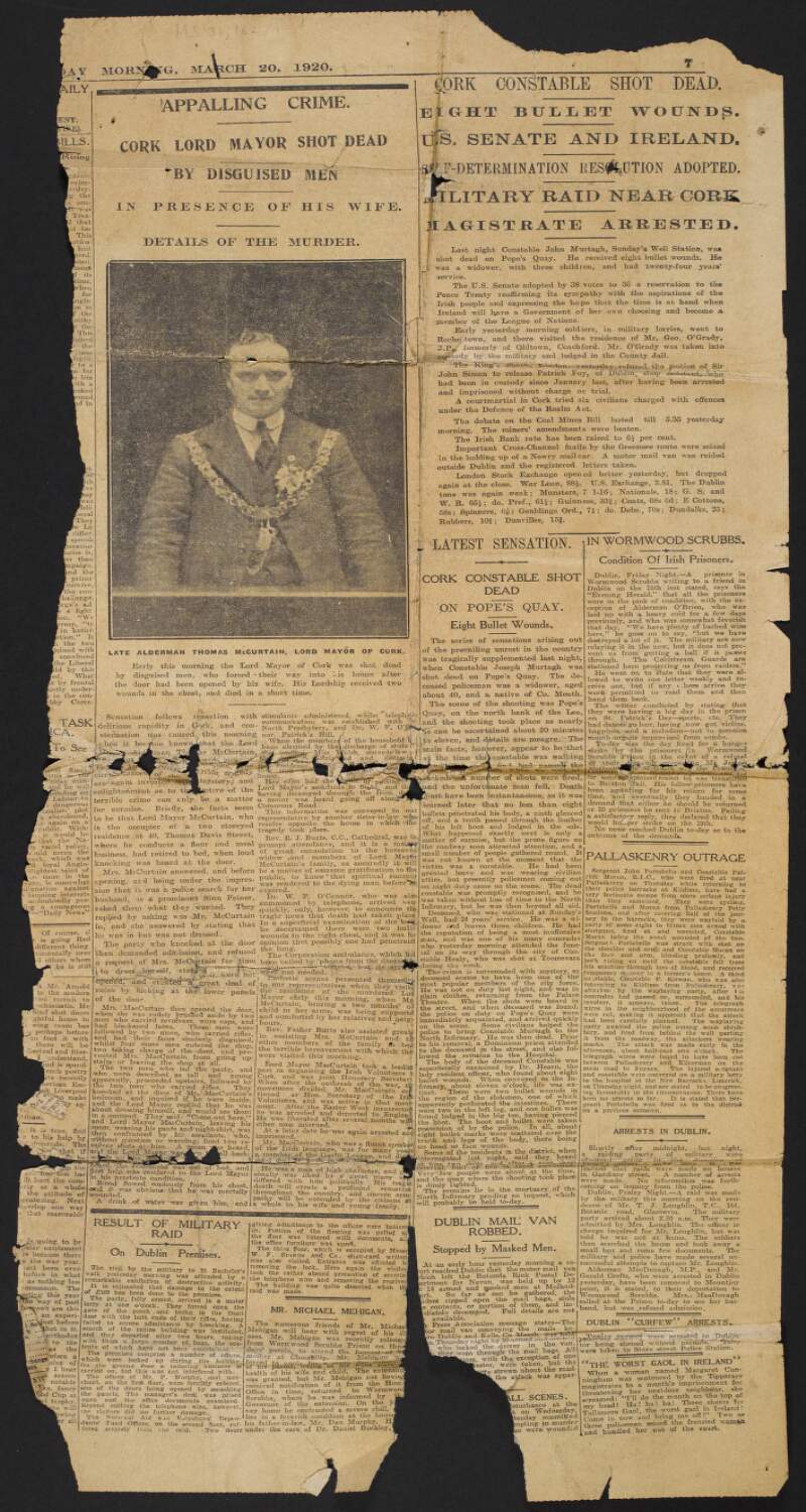 Newspaper cutting from the 'Cork Examiner' of article titled "Appalling Crime. Cork Lord Mayor Shot Dead by Disguised Men in Presence of Wife",