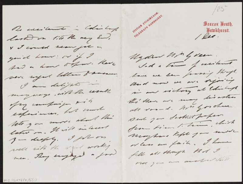 Letter from George Joachim Goschen to Alice Stopford Green concerning his victory in an election in Edinburgh,