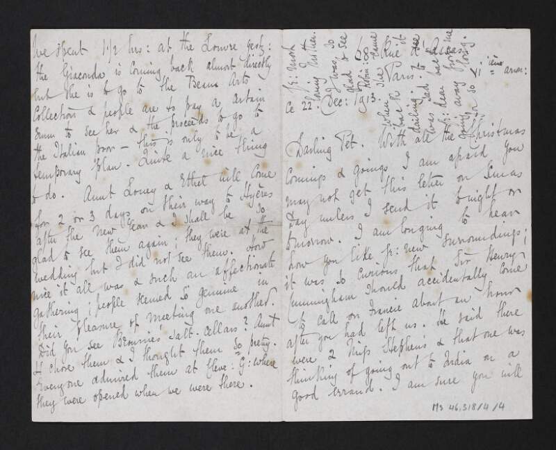 Letter from Isabella Chenevix Trench, Paris, to Margot Chenevix Trench regarding Margot's new home in Belfast,