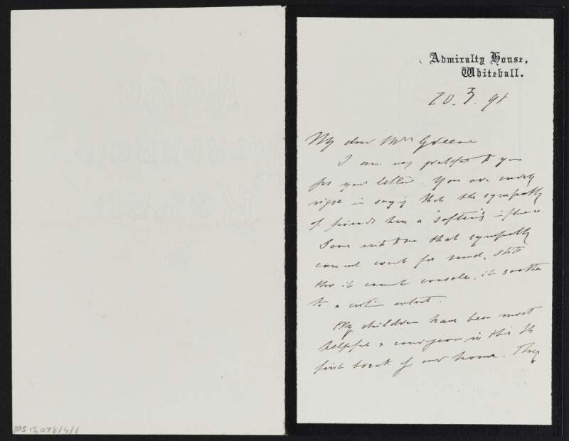 Letter from George Joachim Goschen to Alice Stopford Green discussing sympathy and his children,