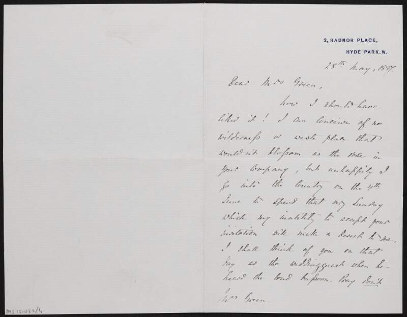 Letter from James Russell Lowell to Alice Stopford Green declining an invitation,