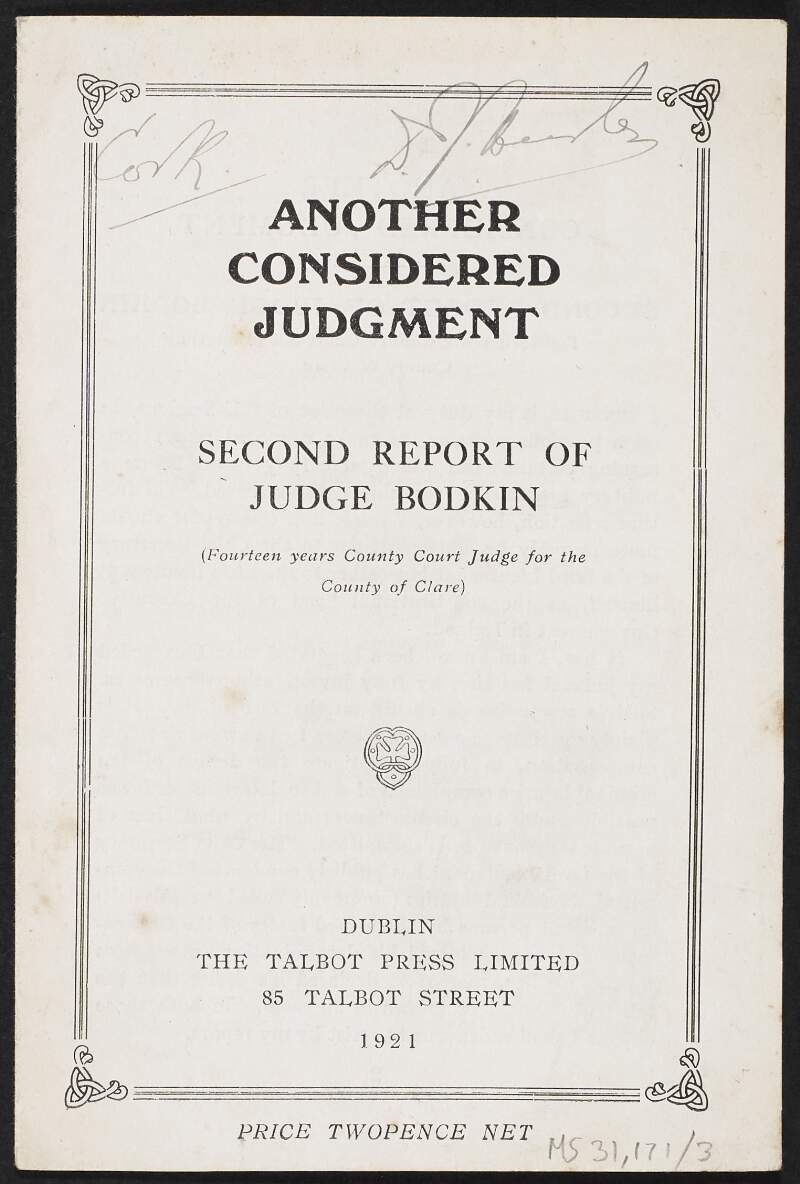 Another Considered Judgement: Second Report of Judge Bodkin