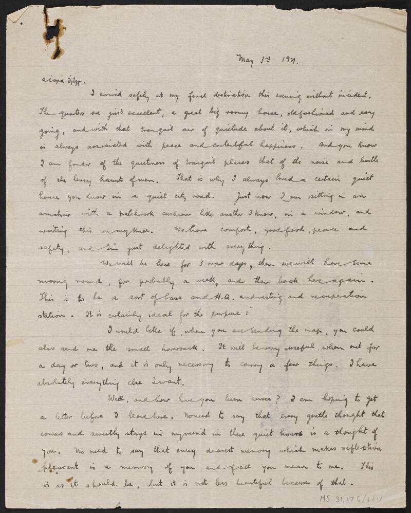 Letter from Florence O'Donoghue to Josephine O'Donoghue asking for a map, bag and sulphur to be sent to him,