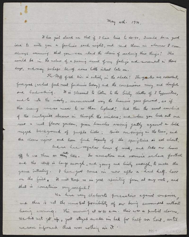 Letter from Florence O'Donoghue to Josephine O'Donoghue regarding manoeuvers, and hearing word of the Rathmore Ambush,