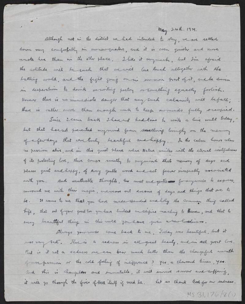 Letter from Florence O'Donoghue to Josephine O'Donoghue expressing how much he misses her,