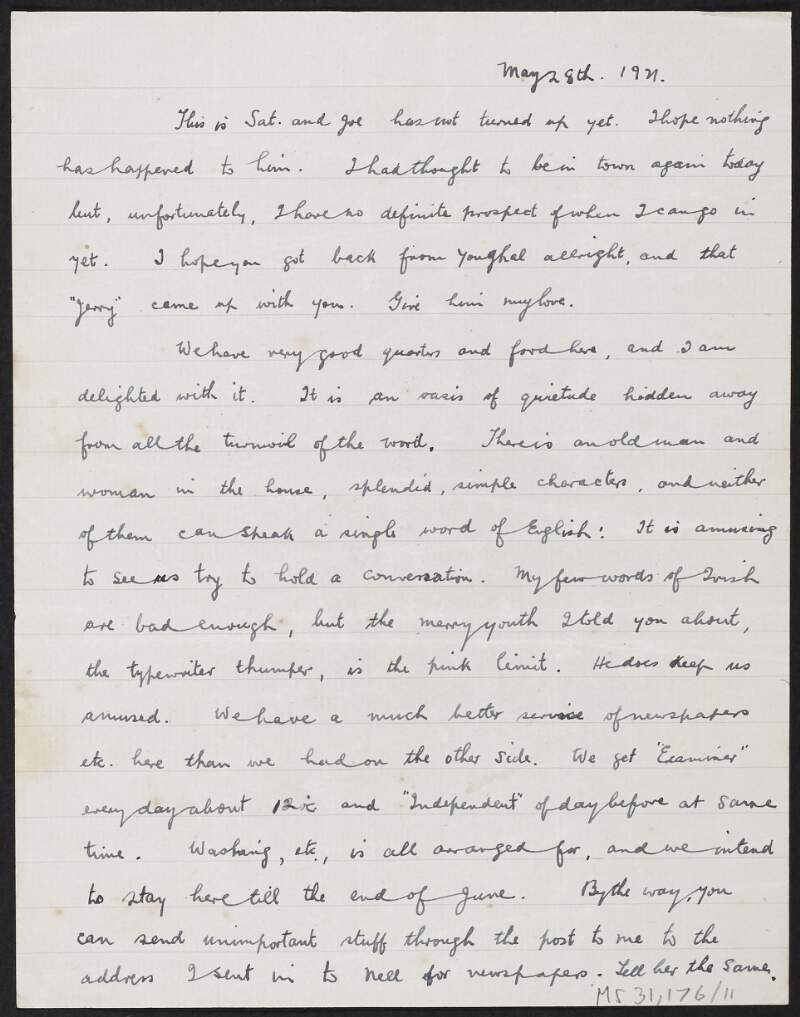 Letter from Florence O'Donoghue to Josephine O'Donoghue regarding staying in a safehouse with Irish speakers,