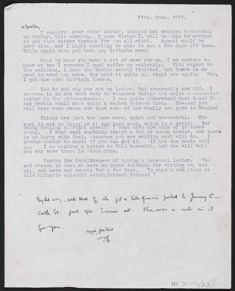 Typescript letter from Florence O'Donoghue to Josephine O'Donoghue regarding supplies,