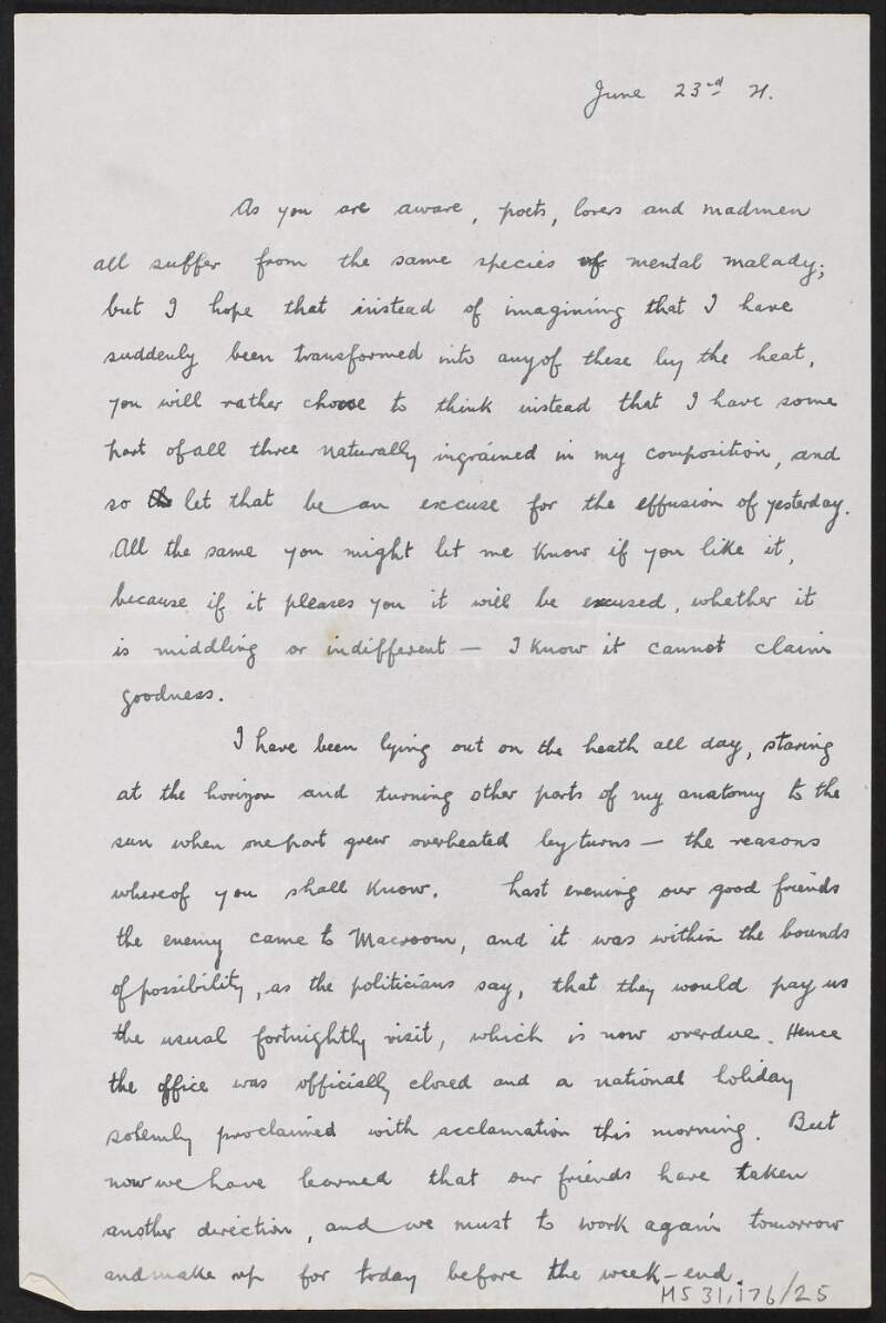 Letter from Florence O'Donoghue to Josephine O'Donoghue asking her for feedback on his poem and regarding a close call with the enemy,