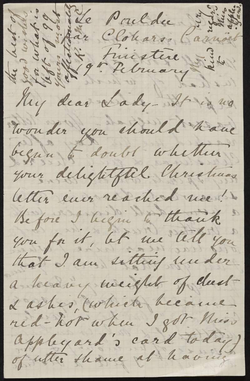 Letter from Katherine MacCausland to Alice Stopford Green discussing a Christmas dinner, her collection of books, her stay in a hotel, and apologising for not being able to do her commission,
