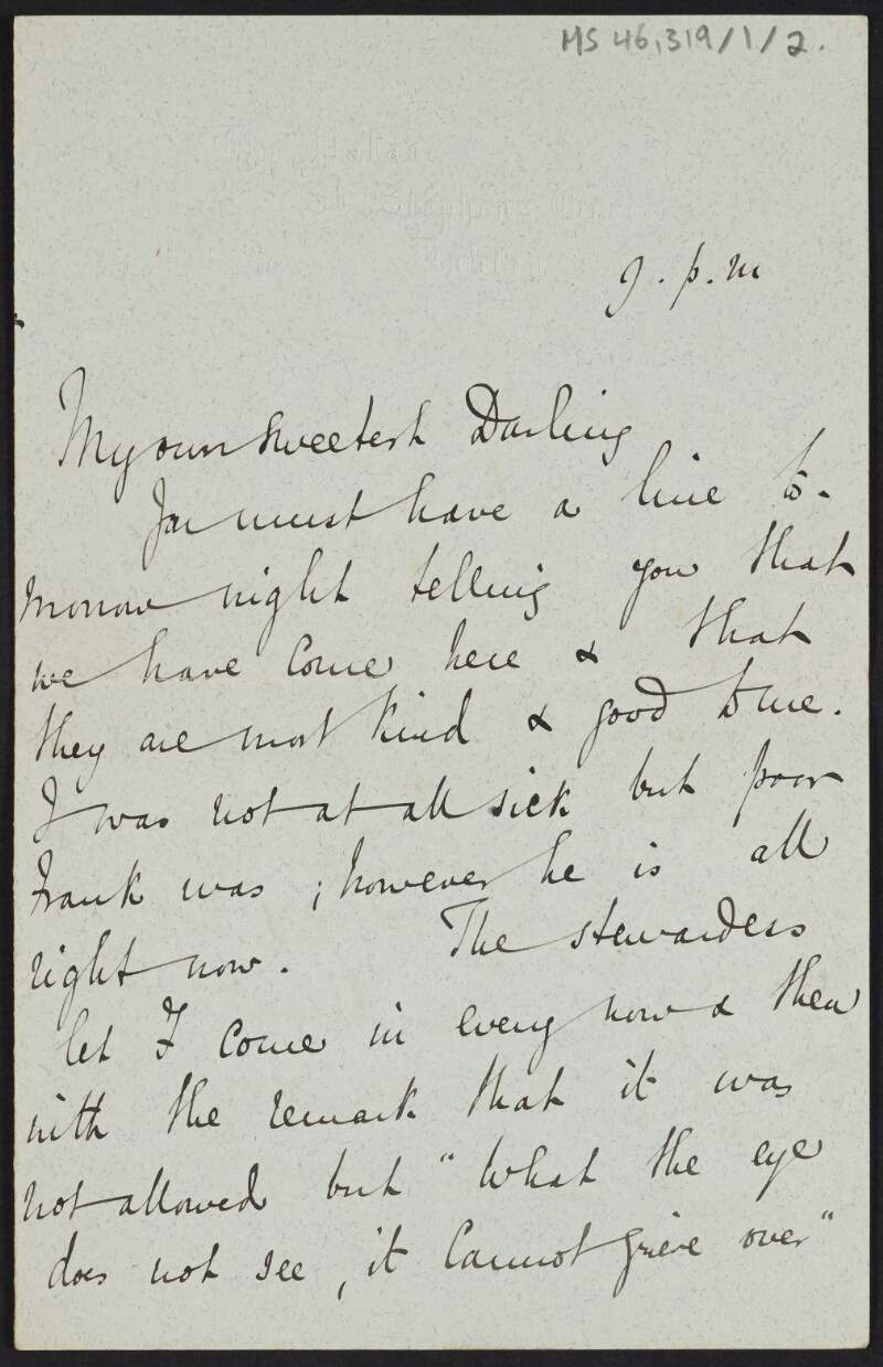 Letter from Francis Chenevix Trench, Dublin, to an unidentified person regarding his and Isabella's new house in the Palace, St. Stephen's Green,