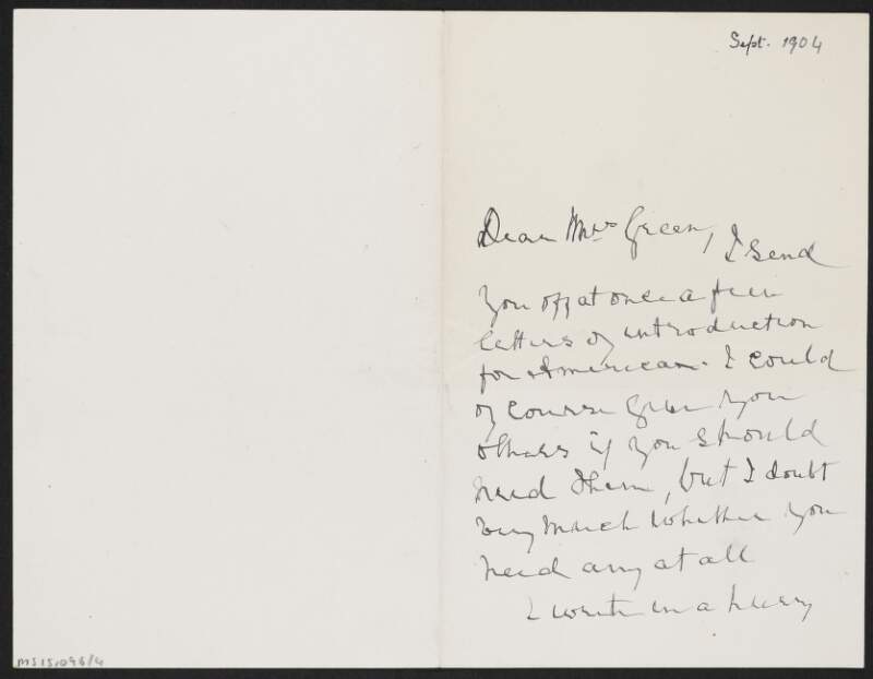 Letter from John O'Leary to Alice Stopford Green regarding an introduction to America,