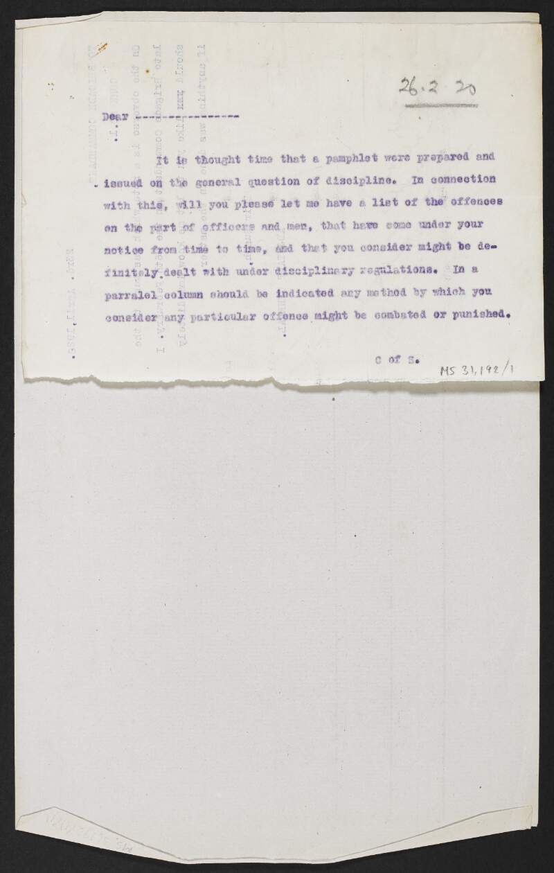 Copy letter from Richard Mucahy, Chief of Staff, Irish Volunteers, to an unidentified recipient regarding the preparation of a pamphlet on discipline within the Irish Volunteers,