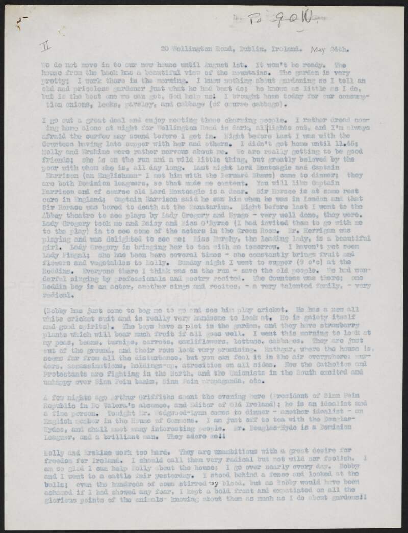 Letter from Margaret Pearmain Osgood to unidentified recipient discussing her day to day activities and tensions between Nationalists and Unionists,
