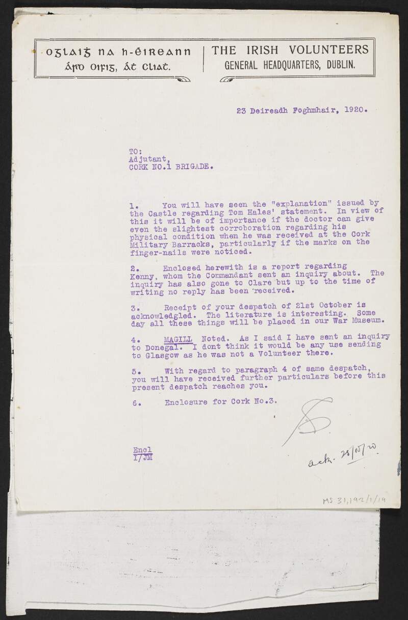 Letter from an unidentified author, Irish Volunteers, to Seán O'Hegarty, Commandant, Cork Brigade, regarding Tom Hales condition at Cork Military Barracks,