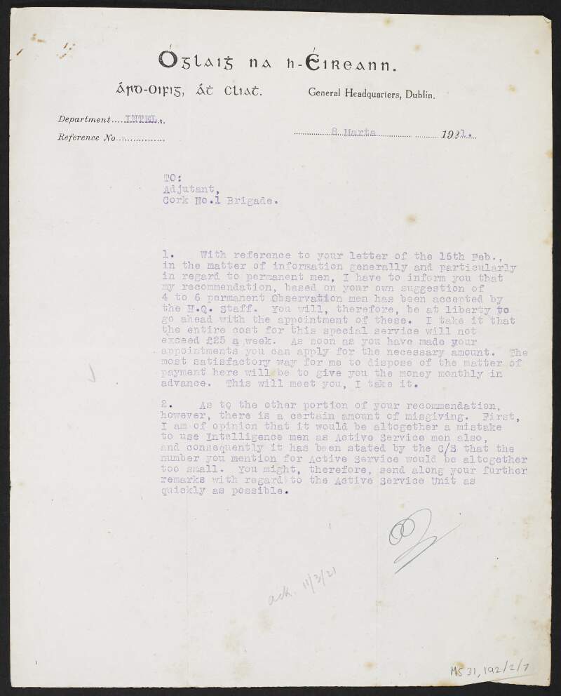 Letter from the Irish Volunteers to the Cork Brigade, Irish Volunteers, regarding the appointment of an information gatherer,