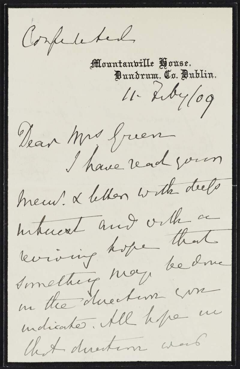 Letter from Christopher Palles to Alice Stopford Green regarding the School of Learning, Kuno Meyer and Tomás Ó Máille,